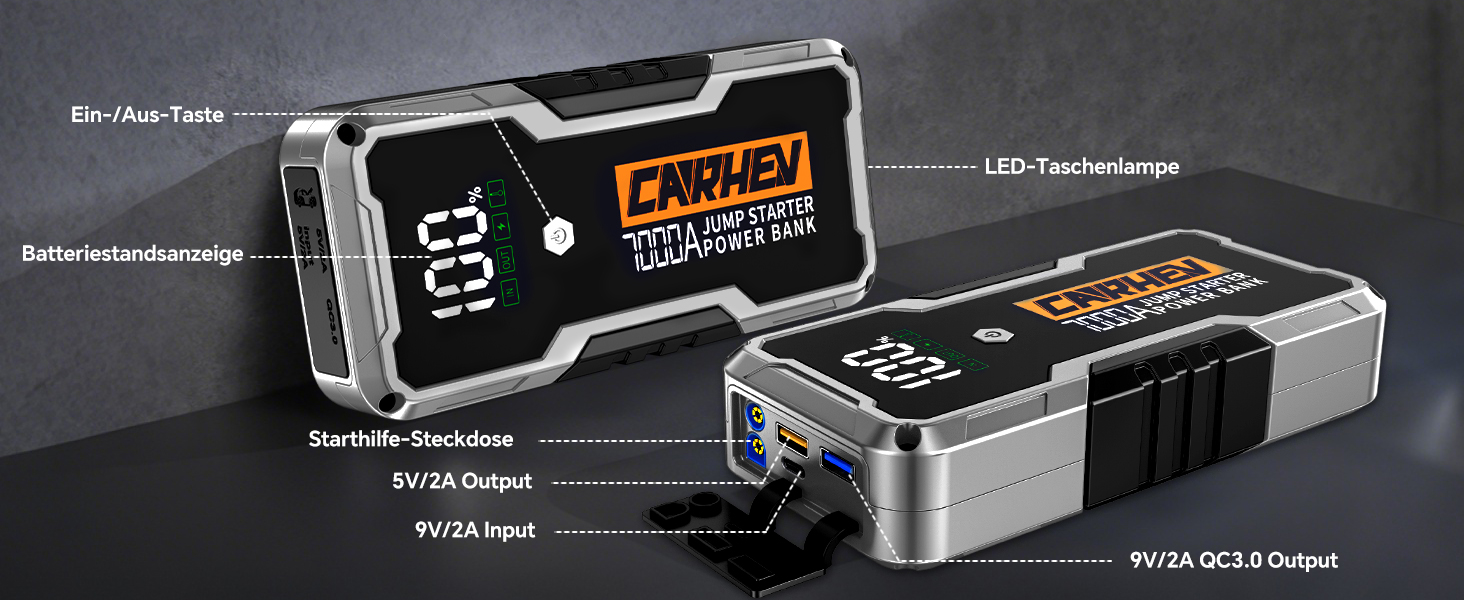 CARHEV 7000A Пусковий пристрій (Powerbank) для автомобіля 12V, для бензину/дизеля, з QC 3.0 USB, LED