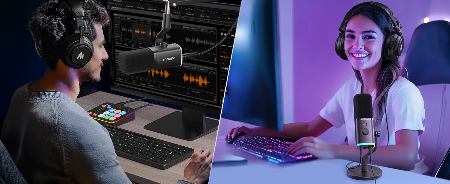 Мікрофон MAONO XLR-USB PD100X для стримінгу, подкастів, YouTube та ігор. Динамічний мікрофон з регулюванням гучності та програмним забезпеченням. Сумісний з PS4, PS5, Mac, PC. Чорний колір