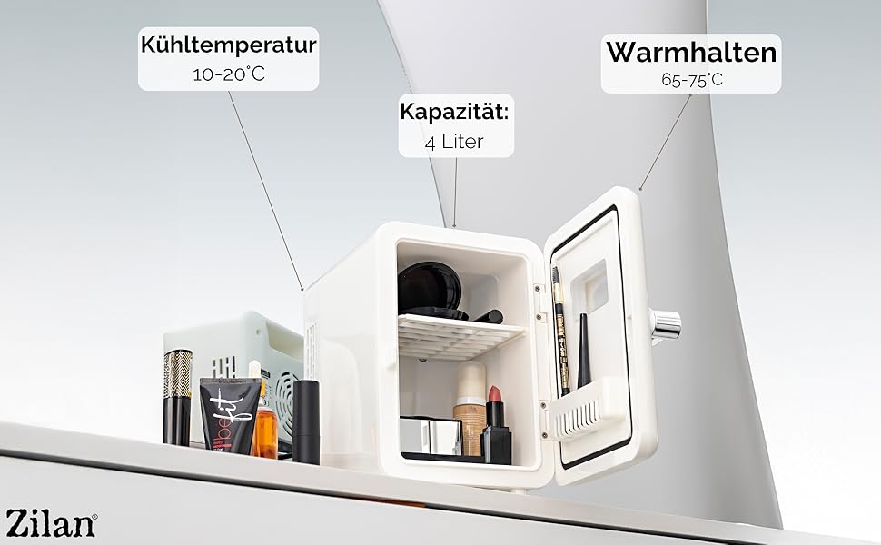 Zilan 2в1 Міні-холодильник: охолодження та підігрів, 4 літри, з підсвіткою. Косметичний холодильник для макіяжу та догляду. Компактний кухонний холодильник