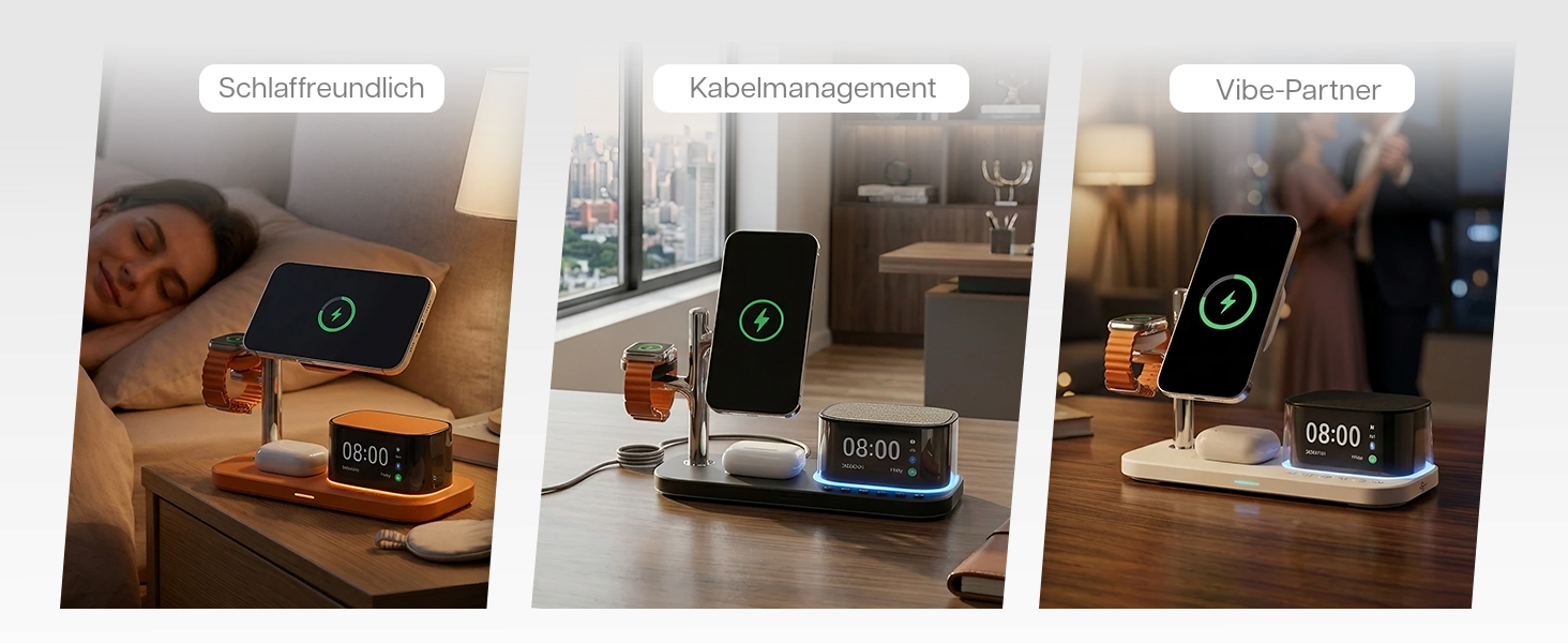 Бездротова зарядна станція 5-в-1 MMOBIEL MagSafe Qi2.2 25W: годинник, Bluetooth-колонка, нічник LED для iPhone, Apple Watch, AirPods - Чорна
