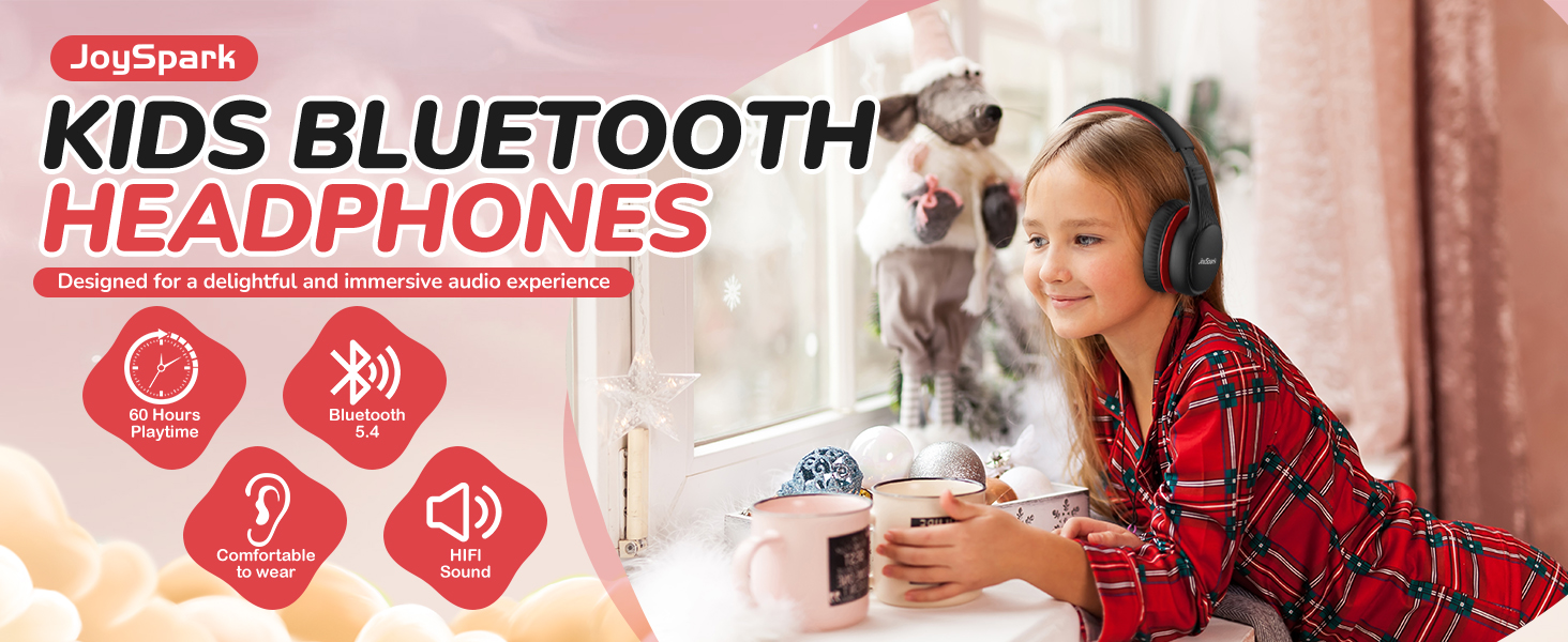 Дитячі Bluetooth навушники JoySpark з мікрофоном, 60 годин роботи, Bluetooth 5.4, Type-C, обмеження гучності 85/94 дБ, складні, чорно-червоні