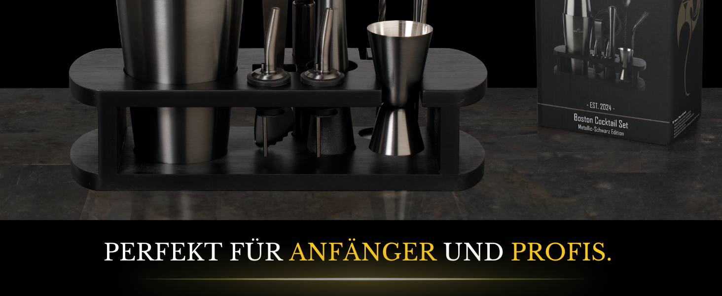 Набір для коктейлів BARMINGO з нержавіючої сталі 11 предметів – Набір Boston Cocktail Shaker 825 мл зі стійкою та аксесуарами для бару, Набір шейкерів для коктейлів | Набір бармена | Набір для змішування коктейлів | Набір для бару | Набір Boston Shaker | Чорний металік