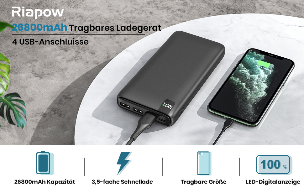 Power Bank Riapow 26800mAh з LED-дисплеєм: зарядка для смартфонів та планшетів, 4 порти USB, 22,5W, чорний
