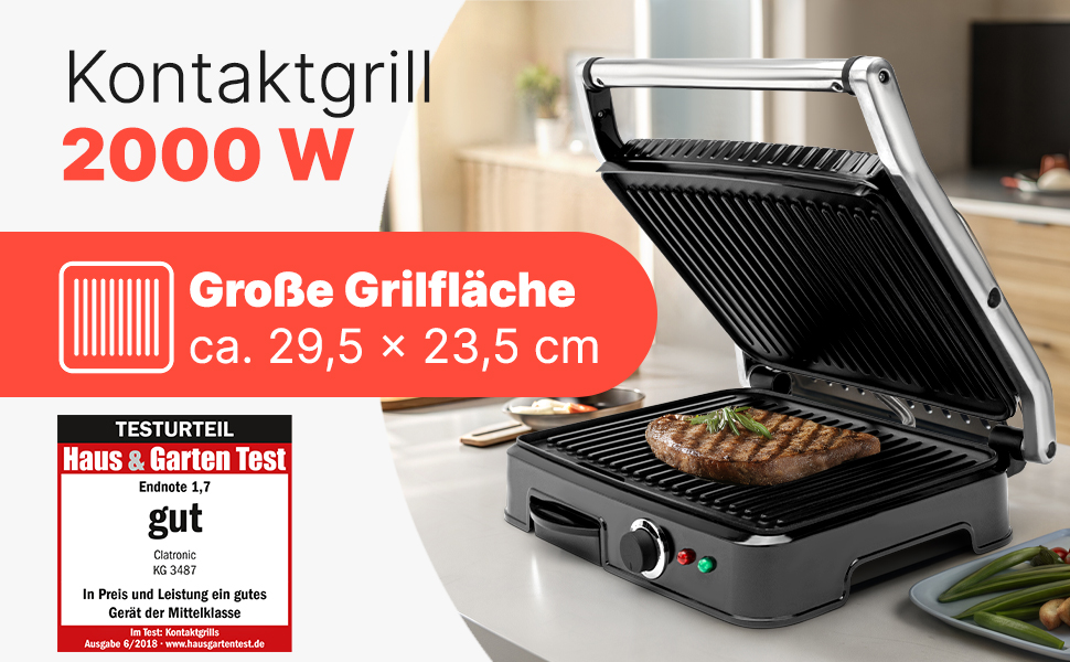 Clatronic 2000W Contact Grill | Non-Stick Grill Plates | Panini Grill Toaster | KG 3487