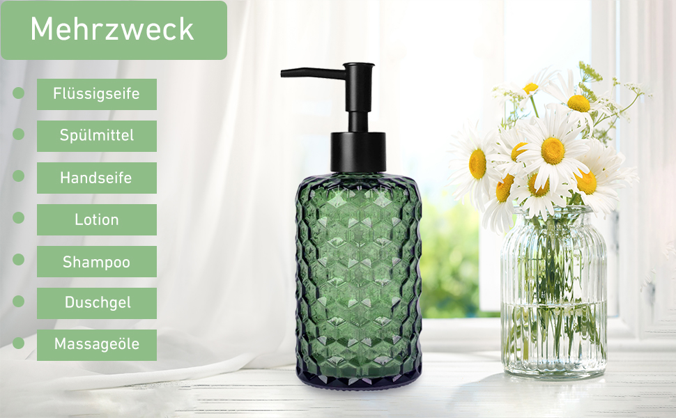 Скляний дозатор для мила 500 мл з хвильовим дизайном для ванної кімнати та кухні, з чорною пластиковою помпою, дерев'яними етикетками та воронкою (вугільний колір, зелений)