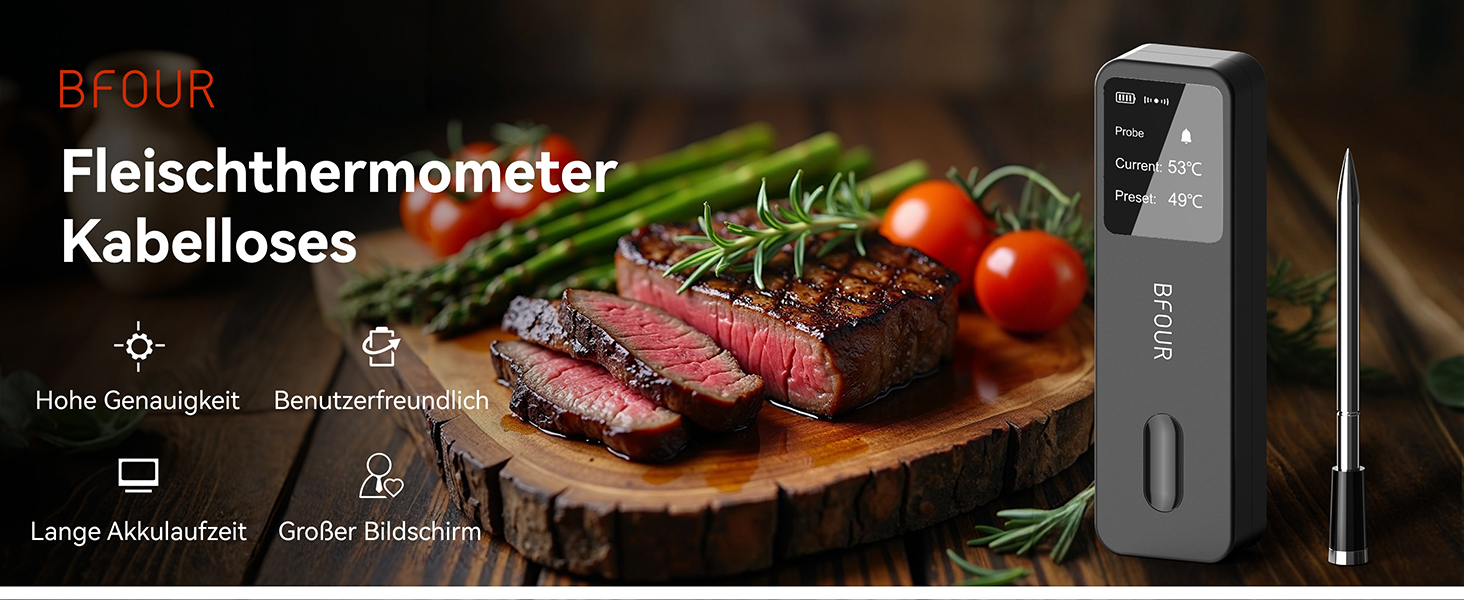 BFOUR Wireless Meat Thermometer Grill Thermometer Bluetooth with App, IP67 Waterproof Core Temperature Probe, Large Display Cooking Thermometer, App Control, for Grill, Oven, Rotisserie