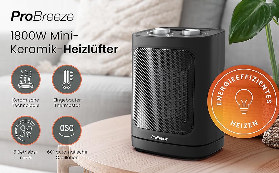 Про Breeze 1800W міні керамічний обігрівач з двома рівнями потужності, автоматичним гойданням та режимом охолодження для ванної, вітальні, офісу, тераси - чорний