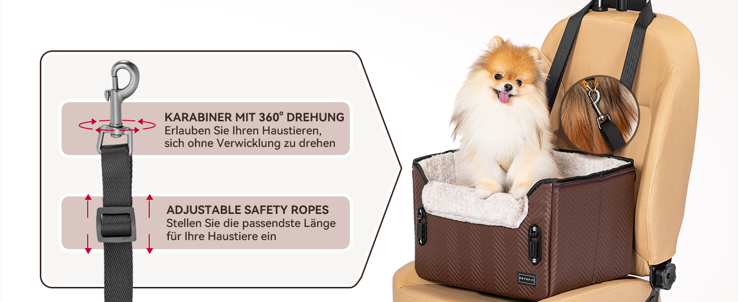 Автомобільне ліжко для собак Petfit, кошик для собак у машину, з кріпленням для безпечного ременя, для маленьких собак, знімні чохли, шкіра, темно-коричневий (S)