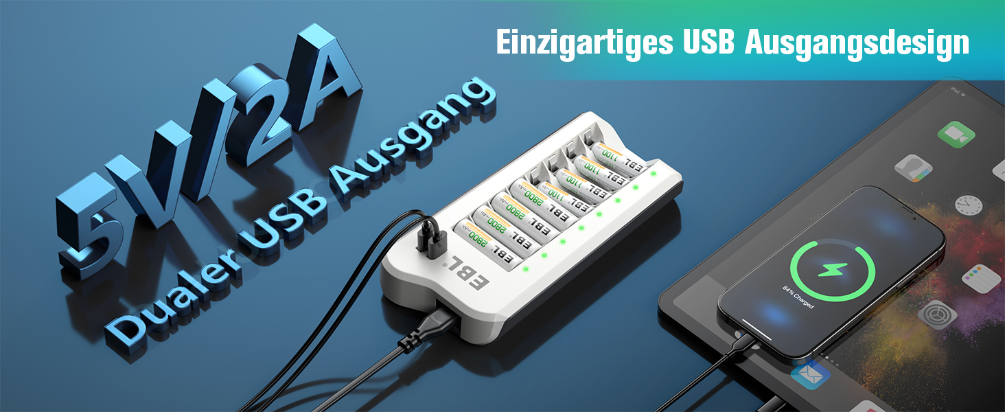 Зарядний пристрій EBL для акумуляторів AA/AAA NI-MH/NI-Cd та USB пристроїв, 8 слотів, LED дисплей, 2 USB порти (без акумуляторів)