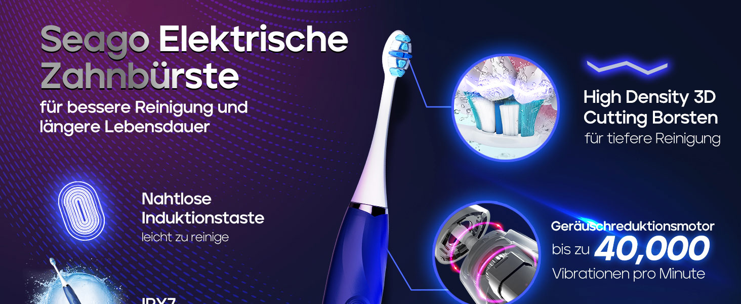 Електрична зубна щітка Seago з датчиком тиску, 40000 VPM, 8 насадок, 5 режимів, звукова, з підставкою, чохол для подорожей, для дорослих, SG-2752 (Блакитна)