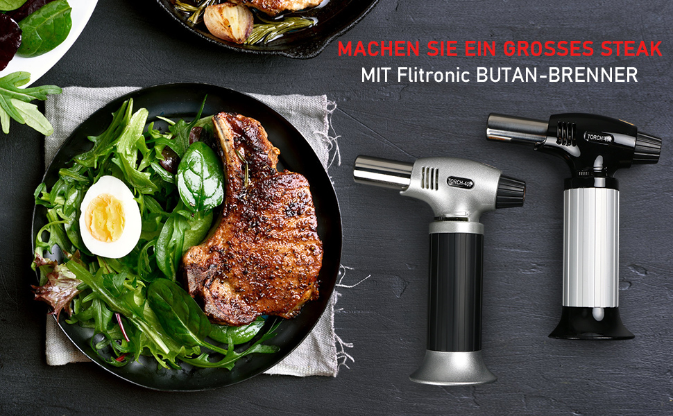 Газовий пальник Flintronic для приготування Creme Brulee, BBQ, кемпінгу, кодування. 3-х дюзовий, з безпечним замком, 2 щітки (Butan не входить)