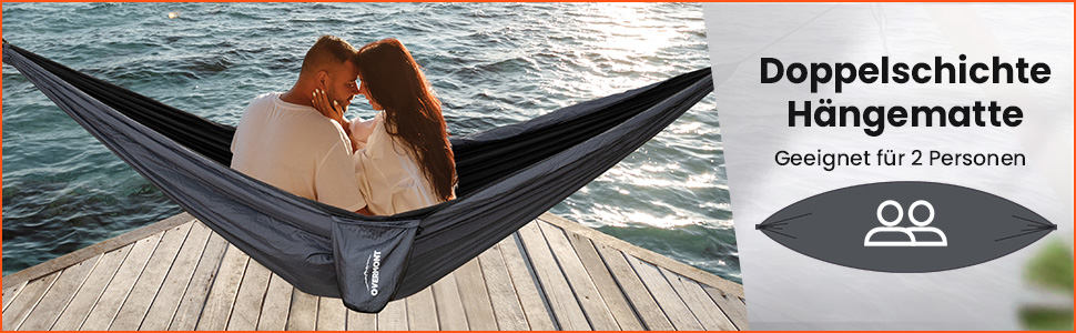 Гамак Overmont двошаровий сертифікований TÜV, 400 кг, 280x185 см, нейлон, для кемпінгу, відпочинку на природі, чорний, темно-сірий