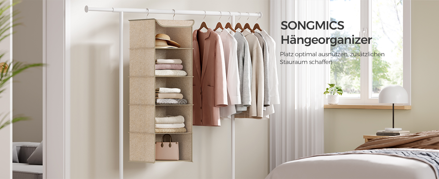 Органайзер для шафи SONGMICS, висувна полиця-вішалка, з металевими гачками та бамбуковими вставками, бежевий (RYCH06G)