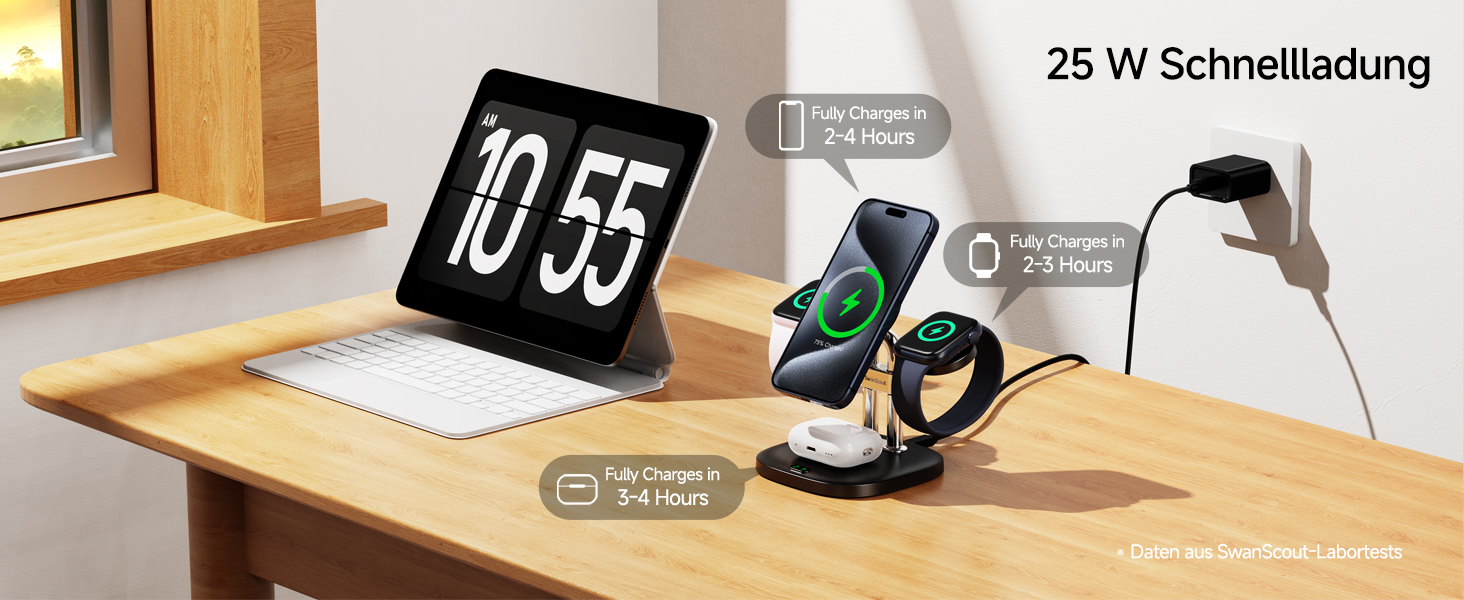 Зарядний пристрій SwanScout 709M Black: Двопортова зарядка для Apple Watch та iPhone (11/Ultra 3/SE 3, Air/17 Pro Max/17 Pro/17/16/15/14)