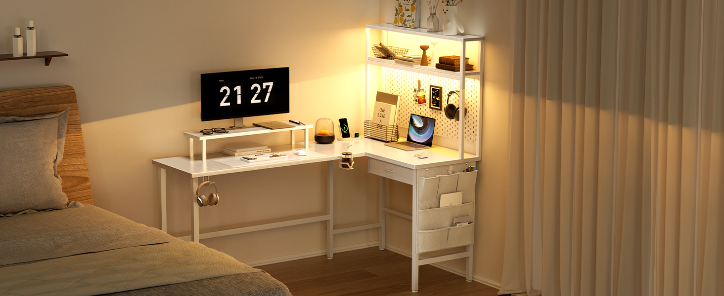 Ігровий стіл кутовий 150x100 см з 3 розетками та 2 USB, зворотний, з LED підсвічуванням, з ящиками та підставкою для монітора. Білий кутовий ігровий комп'ютерний стіл 170x100 см.