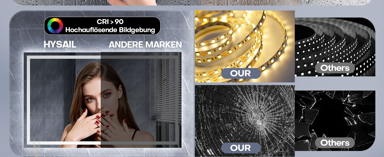 Дзеркало для ванної кімнати HySail з підсвічуванням, 5 мм, висока роздільна здатність, срібне покриття, 3 колірні температури та регульована яскравість, настінне дзеркало з сенсорним вимикачем та функцією проти запотівання (3 кольори + регулювання яскравості, 100 x 60 см)