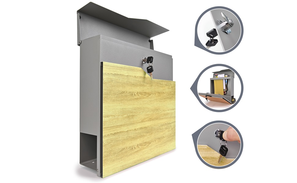 Поштова скринька Verda Anthracite з газетницею, порошкове покриття AkzoNobel, 2 ключі, табличка з іменем, персоналізована, дизайнерська настінна поштова скринька з нержавіючої сталі (срібло з виглядом дерева)