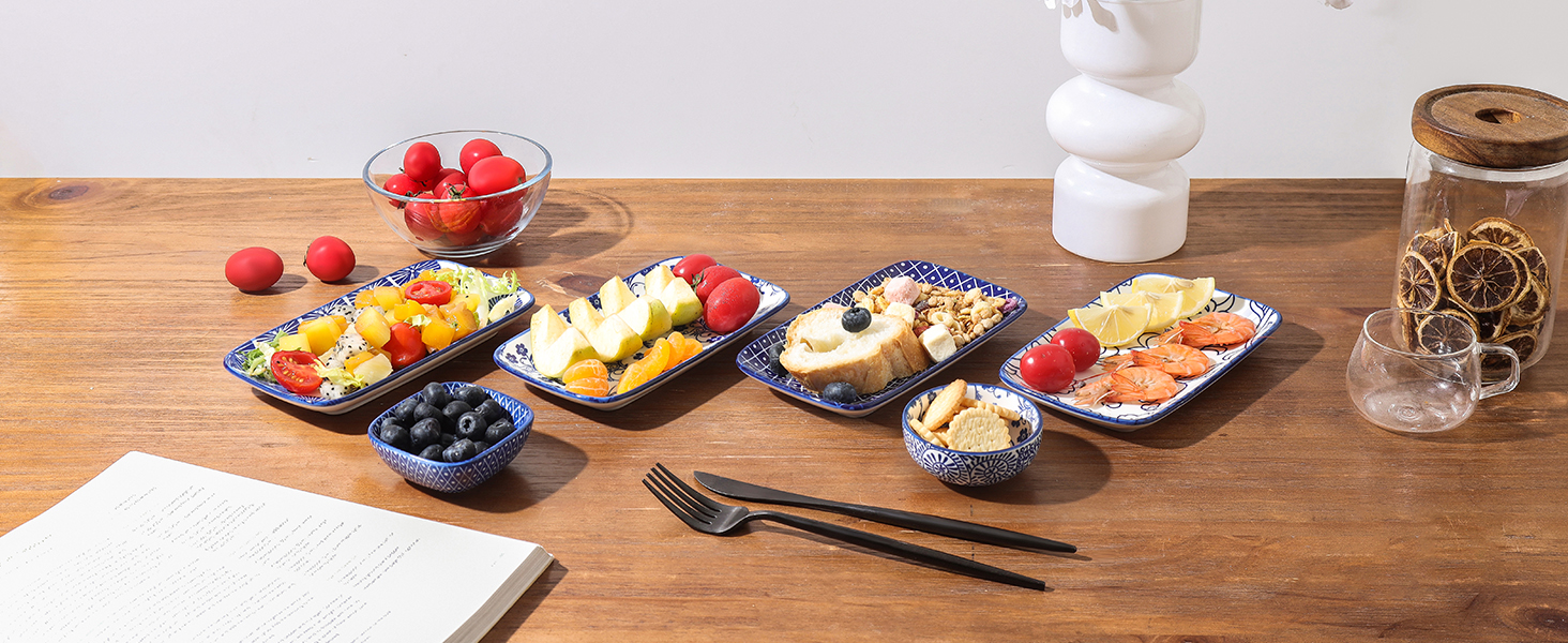 Набір тарілок Selamica, 6 шт., прямокутні, для закусок, десертів, суші, фруктів, 18 × 10.5 × 2 см (Вінтажно-блакитний)