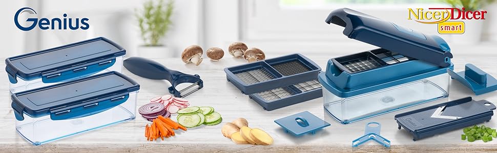 Набір для нарізки овочів Genius Nicer Dicer Smart (14 шт.) - набір для нарізки кубиками, соломкою, слайсами та чвертями з рецептами. Салатний слайсер, овочевий слайсер, гурковий слайсер (блакитний)