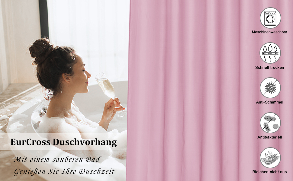 Штора для душу EurCross 180x200 см рожева водонепроникна антигрибкова текстильна, з кільцями (1 шт)