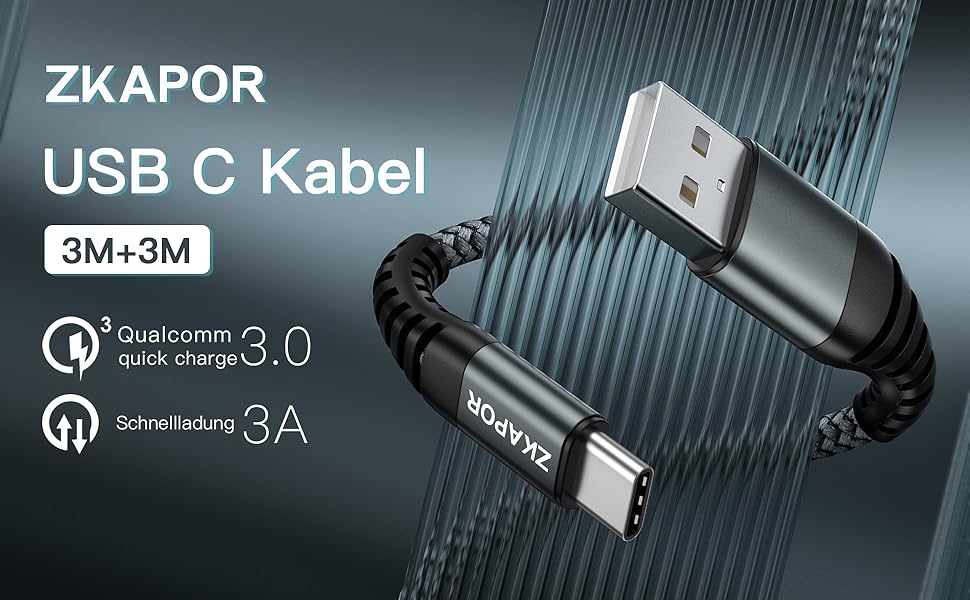 Кабель USB-C 3.1A, 3м, сірий, 2 шт. - швидка зарядка, сумісний з iPhone 15/Samsung Galaxy/Huawei/Google Pixel