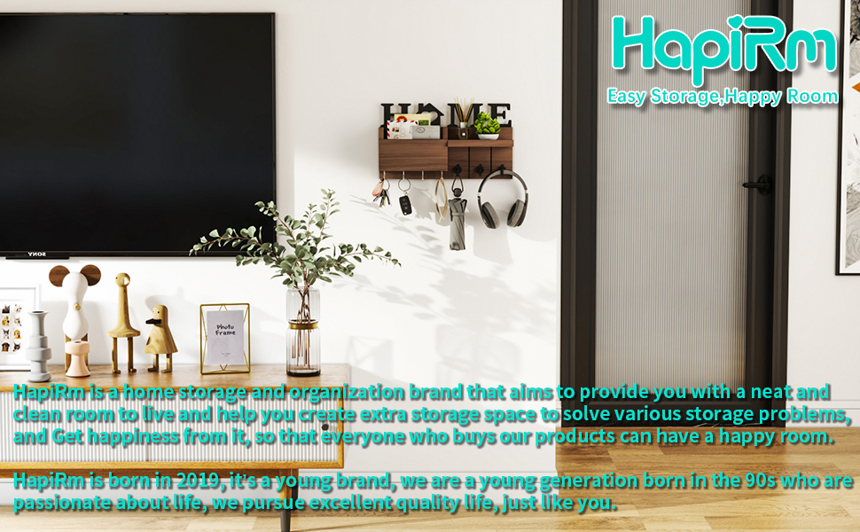 Держатель для ключів HapiRm з декором HOME, дерев'яне ключниця з 7 гачками, з полицею. Підходить для входу, передпокою, спальні, офісу, коричневий