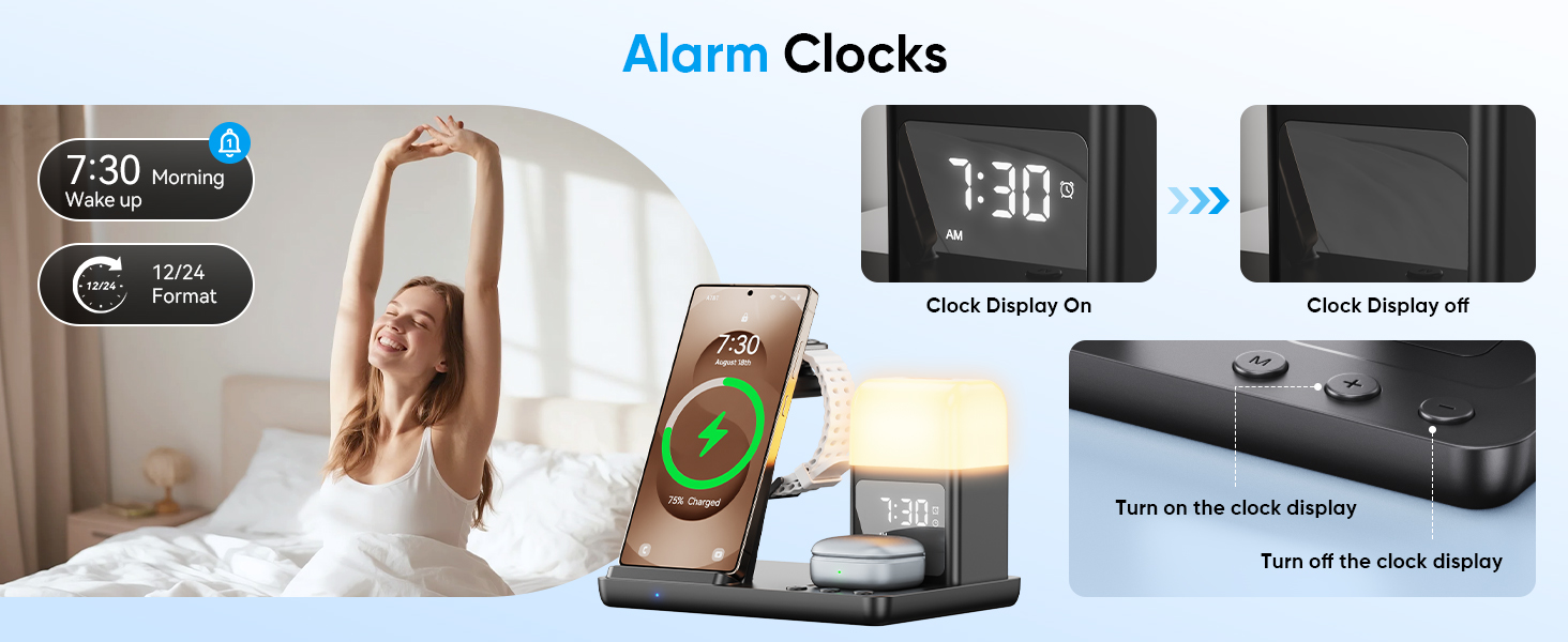 База для бездротової зарядки 6-в-1 з годинником та нічником для Samsung Galaxy (15W, чорний)