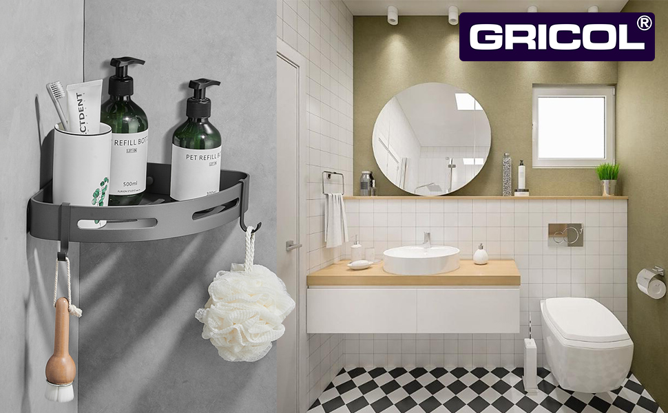 Дзеркальна поличка для душу Gricol без свердління, сірого кольору, з 2 гачками. Підходить для ванної кімнати та кухні.