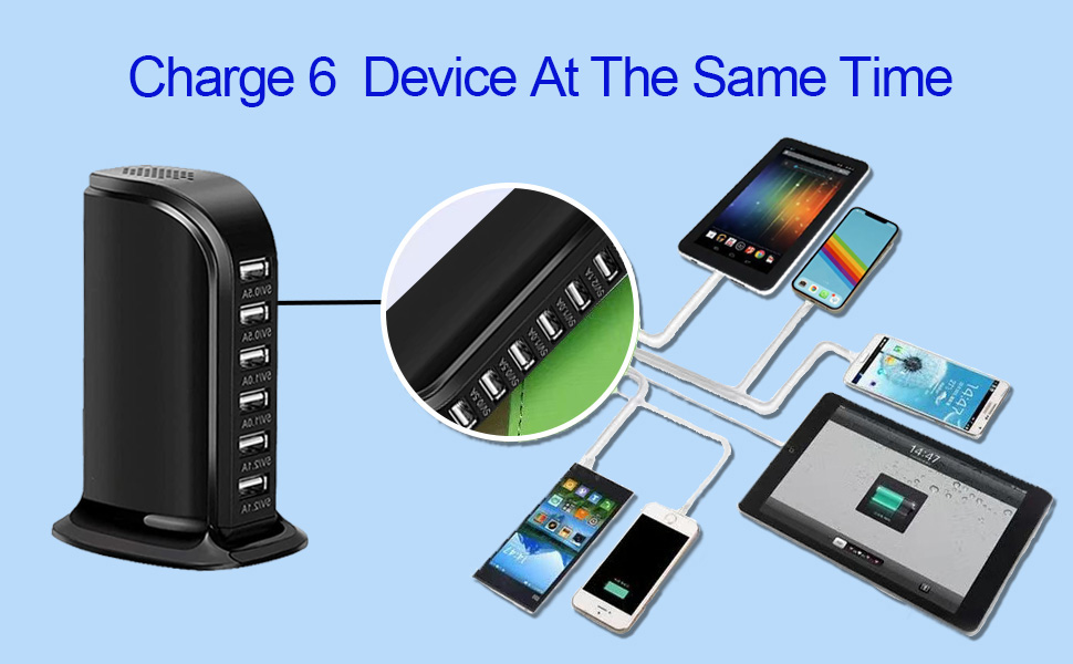 Зарядний пристрій USB мережевий 30W, 6 портів, для iPhone 12/13/14, Samsung Galaxy S22 Ultra/Z Fold/Z Flip, планшетів - Чорний