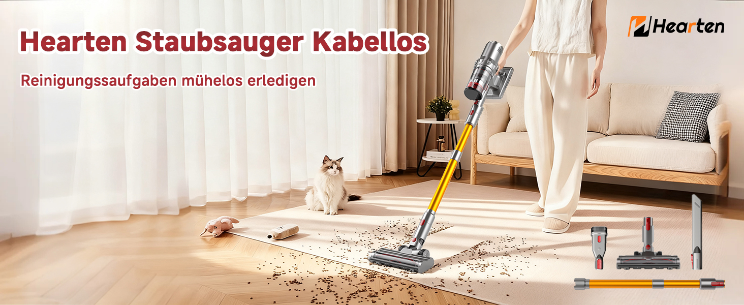 Акумуляторний пилосос Hearten 4-в-1 з LED дисплеєм та антизаплутувальною щіткою, керування одним дотиком, бездротовий пилосос з LED-підсвічуванням для шерсті тварин/килимів/твердих поверхонь (жовтий)