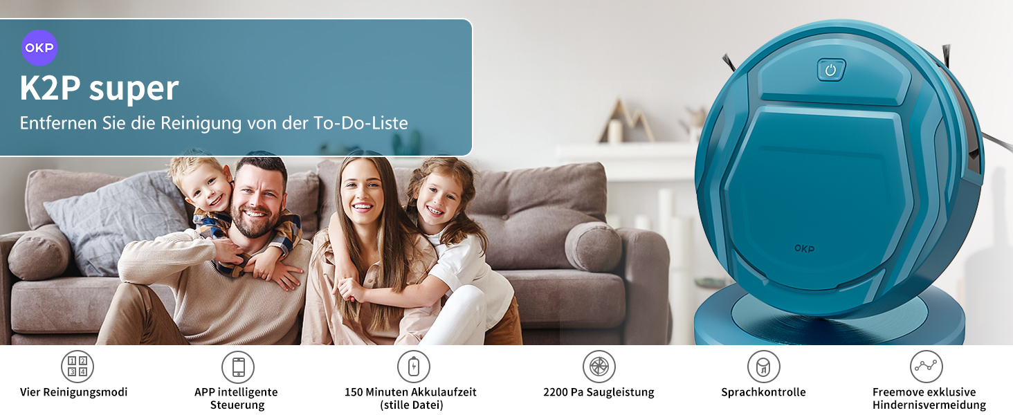Робот-пилосос OKP, 3000Pa, з Wi-Fi, керуванням через додаток/Alexa, для шерсті тварин, килимів та твердих підлог, самостійна зарядка, K2P