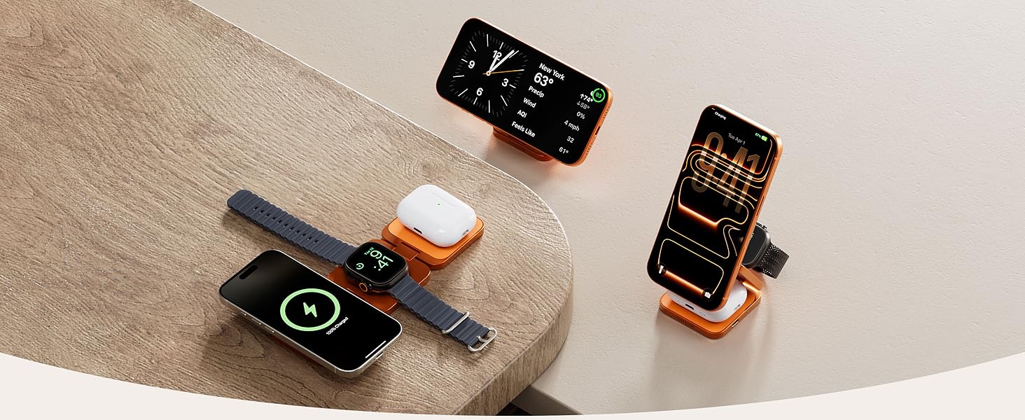 Зарядний пристрій 3-в-1 LULULOOK Ultra Kompakt Qi2.2 25W, MagSafe для iPhone 17/16, Apple Watch, AirPods, GaN 45W, помаранчевий
