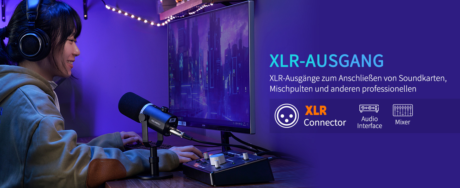 FEELWORLD PM1 Динамічний мікрофон XLR/USB з RGB-підсвічуванням для запису подкастів, геймінгу та YouTube. Комплект з підсвічуванням, навушником, підставкою та XLR-кабелем