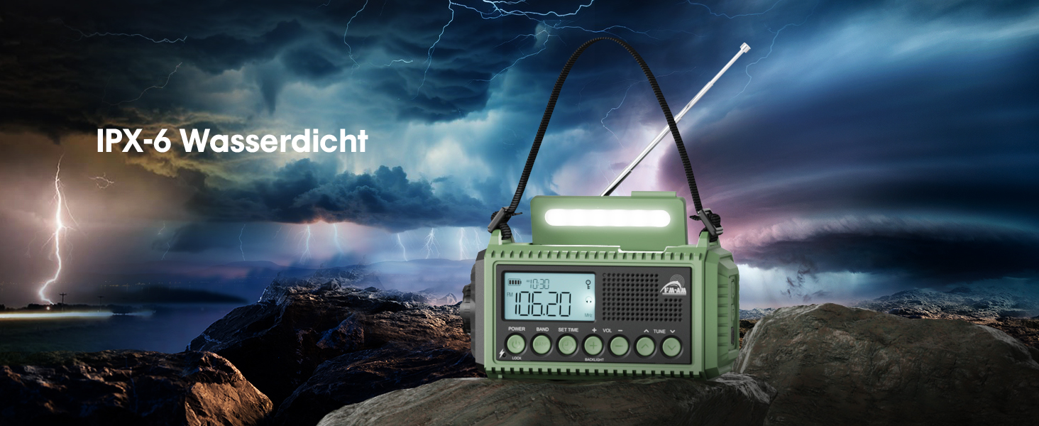 Радіоприймач Kurbelradio на 12000 mAh з ручним заводом, сонячною панеллю та SOS-сигналом. AM/FM/SW радіоприймач з USB-зарядкою, ліхтарик та світло для читання. Ідеально для кемпінгу, надзвичайних ситуацій та відключень електроенергії. Зелений колір.