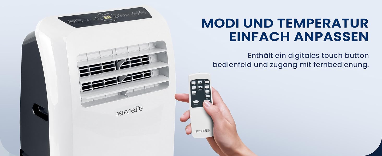 Мобільний кондиціонер SereneLife 9000BTU - 3-в-1: кондиціонер, вентилятор, осушувач повітря. Для приміщень до 42 м², білий.