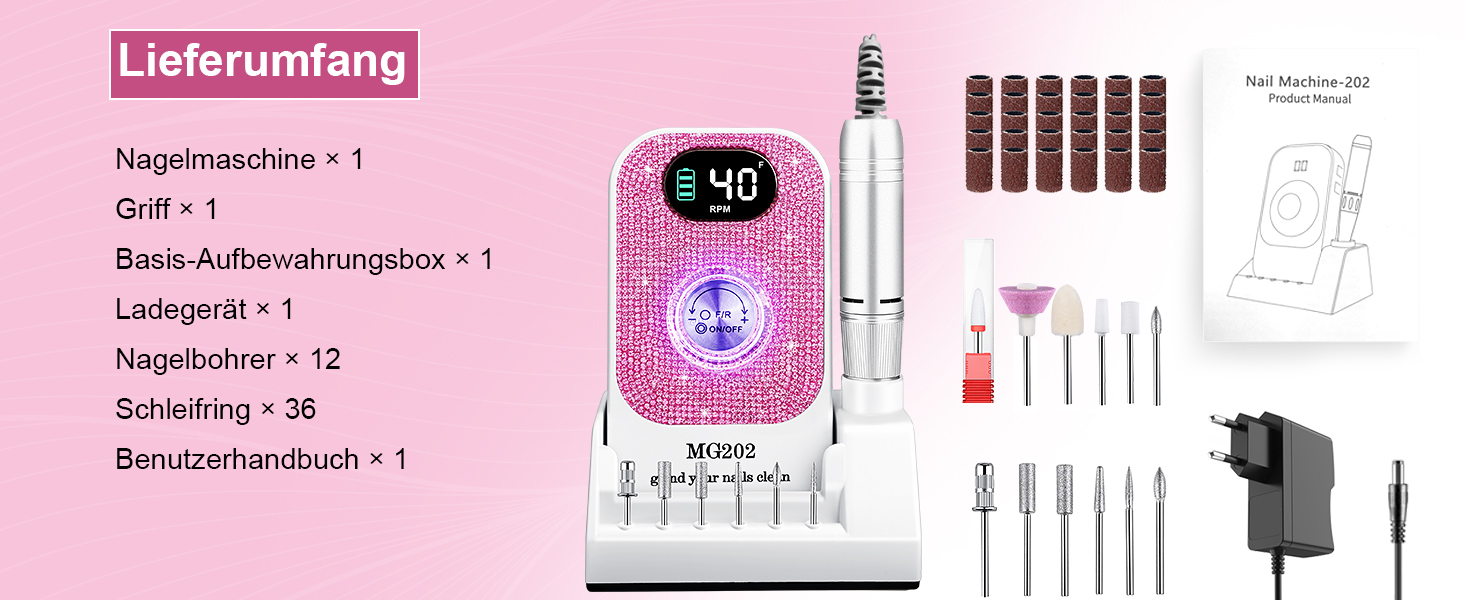 Електричний апарат для манікюру та педикюру Nagelfräser 12в1 з алмазним набором для гелю та акрилу, 40000 об/хв, білий