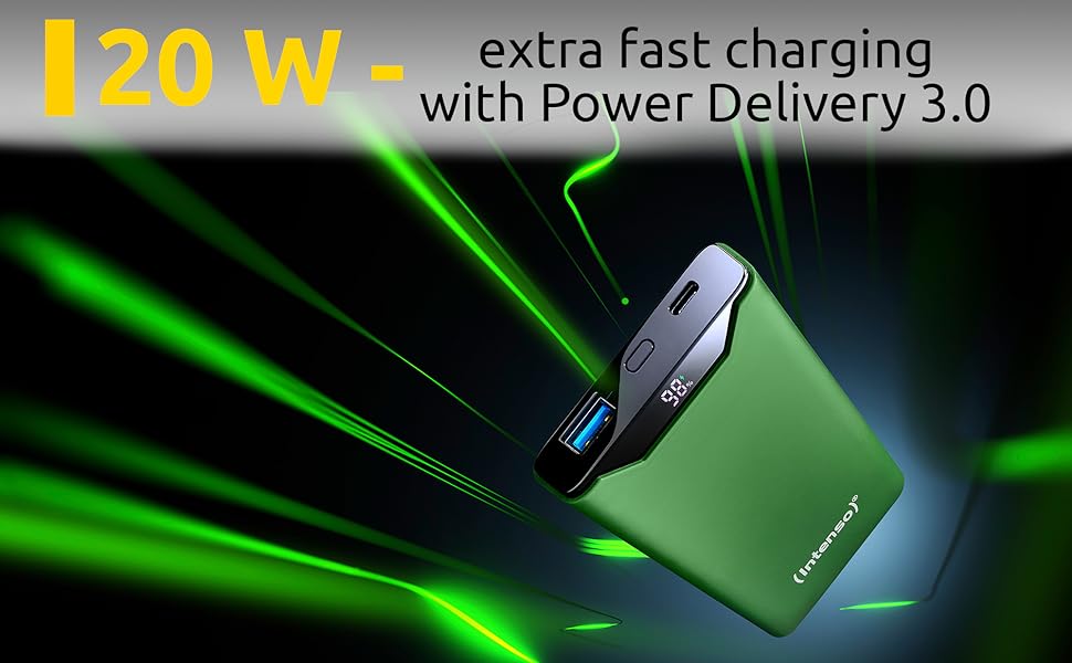 Powerbank Intenso F10000: акумулятор 10000 mAh з PD 20W та QC 18W, USB-C та USB-A, жовтий