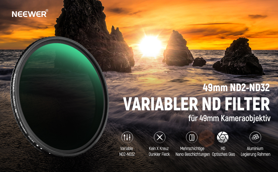 NEEWER Змінний ND-фільтр ND2-ND32 (1-5 ступенів затемнення) для камери, 49mm, з оптичного HD скла, водонепроникний, антибліковий