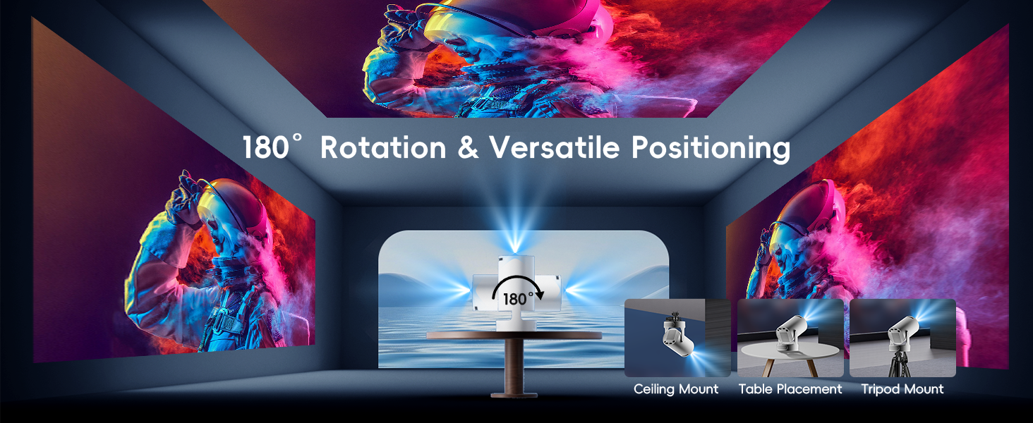 Портативний проєктор Mini Beamer 4K/1080p з Wi-Fi 6 та Bluetooth 5.4. Keystone 180°, сумісний з HDMI, TV Stick, Memory Stick, Laptop. Колір: Бежевий