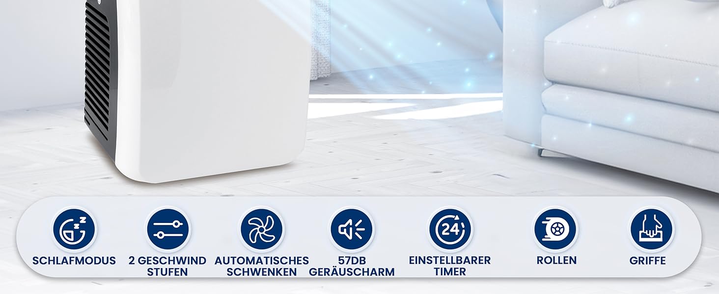 Мобільний кондиціонер SereneLife 9000 BTU з виносним шлангом. 3-в-1: кондиціонер, вентилятор, осушувач повітря. Підходить для кімнат до 42 м². Білий.