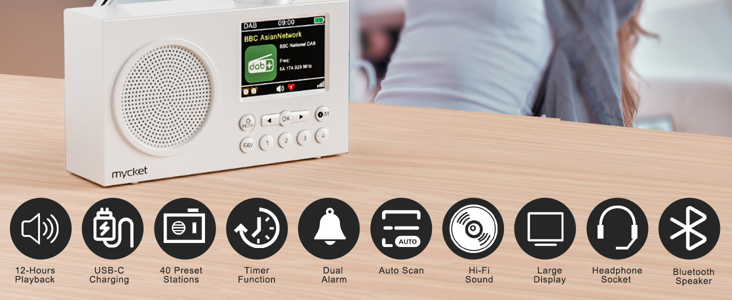 Портативне DAB/DAB+ радіо з цифровим радіо UKW, FM, Bluetooth 5.0, подвійний будильник, 40 попередніх станцій, 2.4' кольоровий дисплей