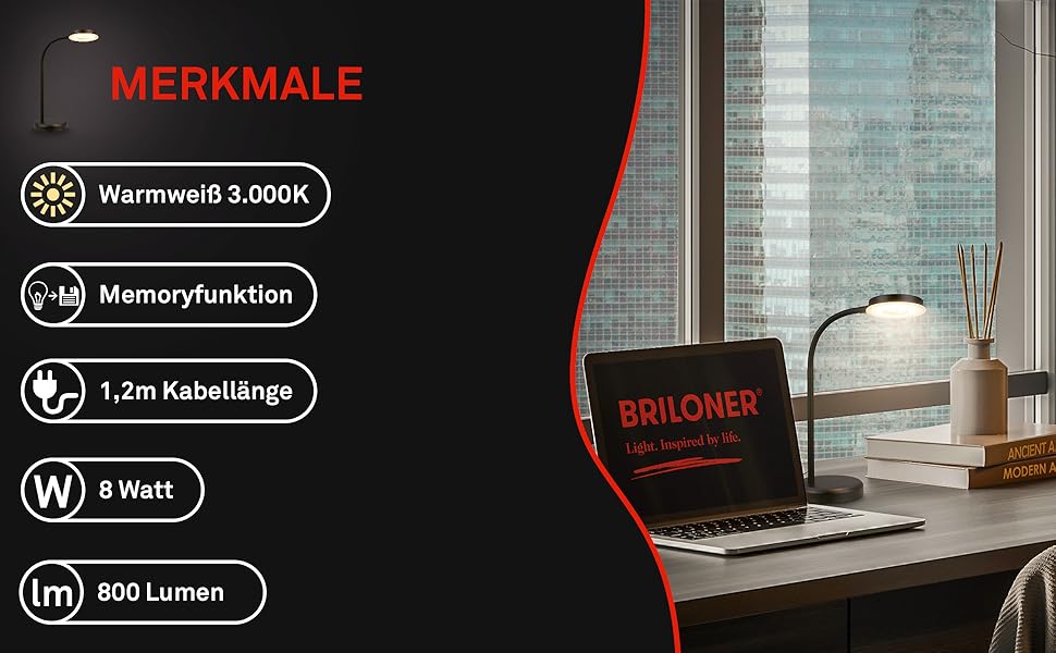 LED лампа BRILONER для столу з сенсорним управлінням, регульована яскравість, поворотна, чорна. Ідеально для дому та офісу, читання. Розміри: 32,5x13x40 см