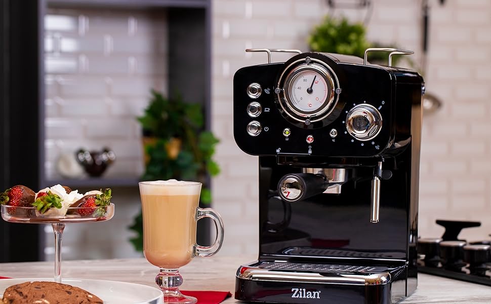 Zilan Espresso Machine with Milk Frother | Semi-Automatic Espresso Machine | Cappuccino Machine | Portafilter Coffee Machine | 1.25 L Water Tank | 15 bar | Retro Design