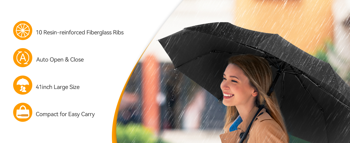 Чорний компактний парасолька TechRise: автоматичний, стійкий до вітру, великий, 10 спиць