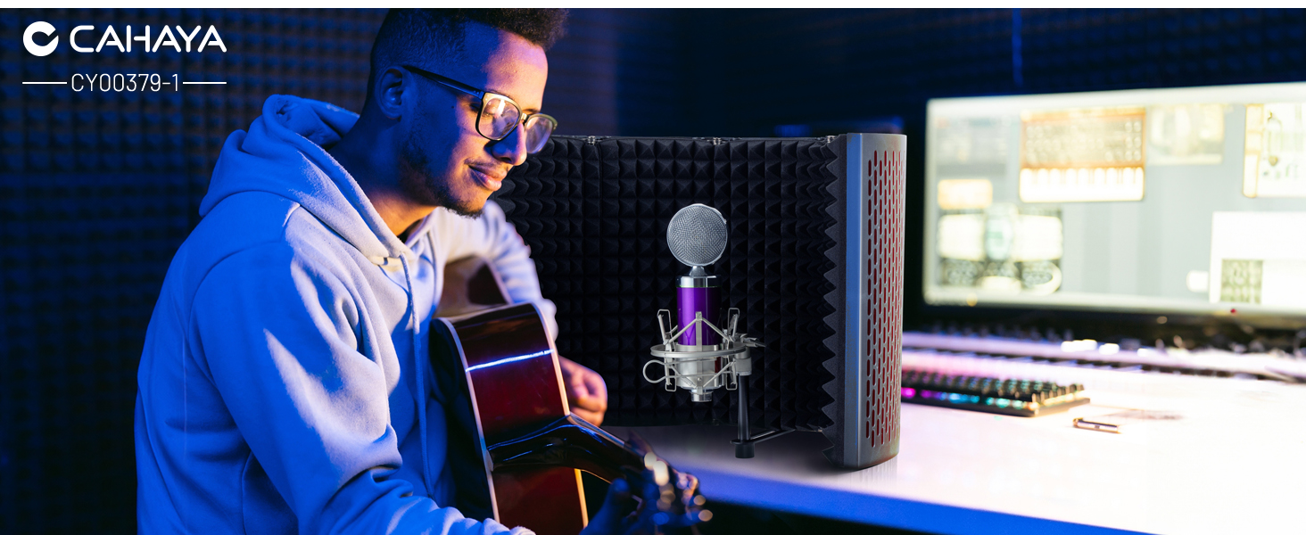 Акустичний ізоляційний екран для мікрофона CAHAYA, 5-панельний поглинач звуку та поп-фільтр, регульований на 180°, складаний захисний щит для студійного запису
