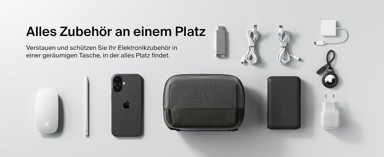 Органайзер для електроніки та аксесуарів Belkin для подорожей: сумка для iPhone, Powerbank, зарядного пристрою, Apple Pencil та AirTag, міцний м'який матеріал