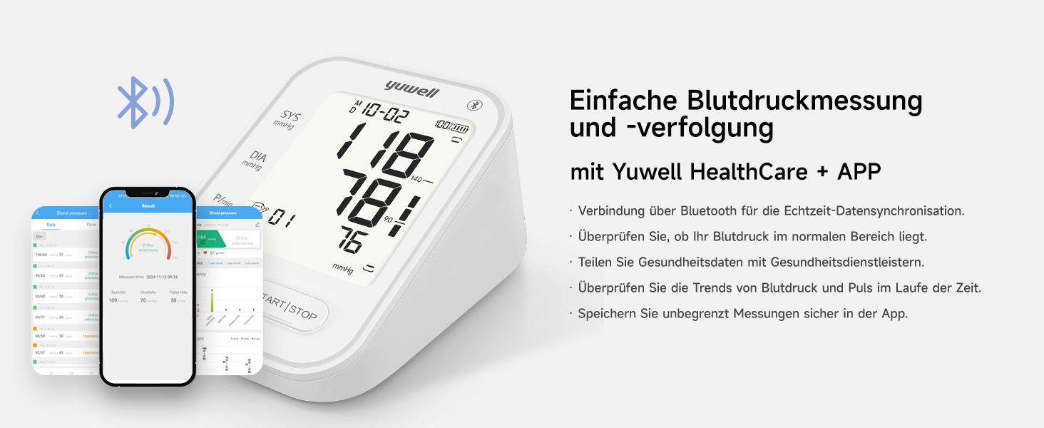 Тонометр Yuwell Intelligentes Oberarm з Bluetooth | Манжета 22-45 см, голосове повідомлення, підсвічування дисплея, акумулятор, додаток для iOS & Android (YE650AR)