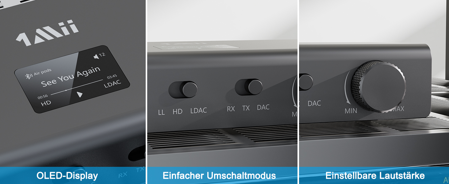 1Mii DS700 Bluetooth передавач/приймач HiFi з DAC, LDAC, aptX HD/LL, OLED-дисплеєм, 3-в-1 аудіоадаптер для ТВ, навушників, колонок, стереосистеми