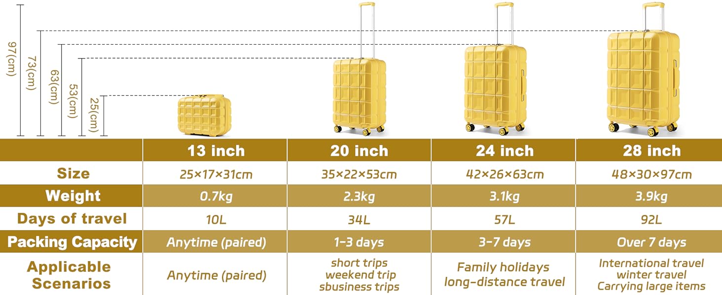 Жовтий валіза KONO середнього розміру 62см з 4 колесами та TSA замком (62x43x26см)