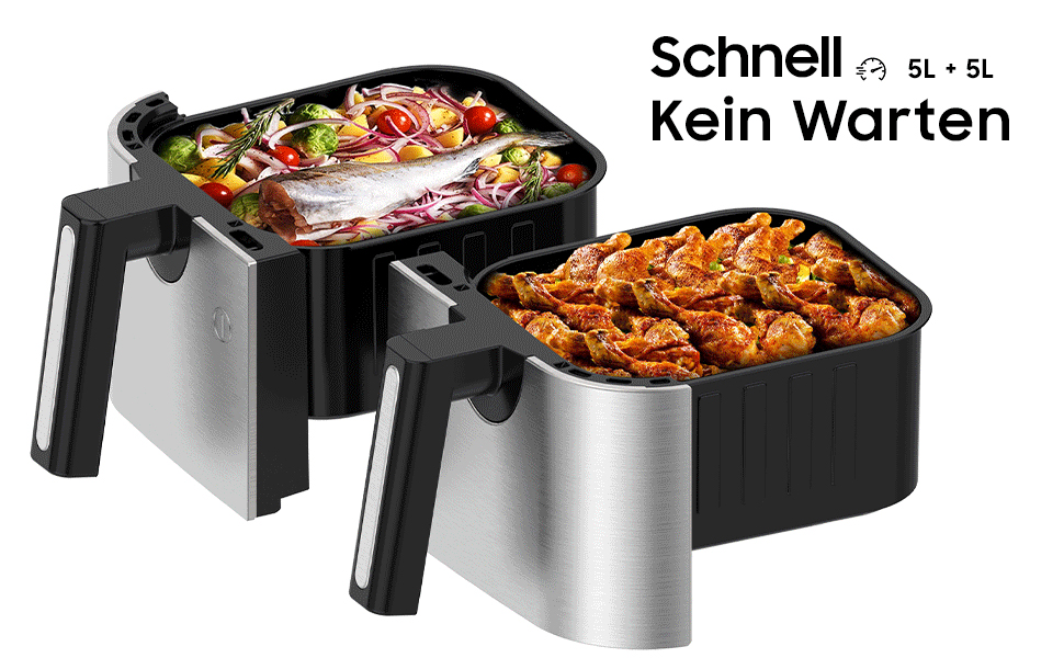 Фритюрниця повітряна подвійна 12л з подвійними камерами, LED-дисплеєм, 10 програмами, функцією сушіння та Dual Cook, 2600W